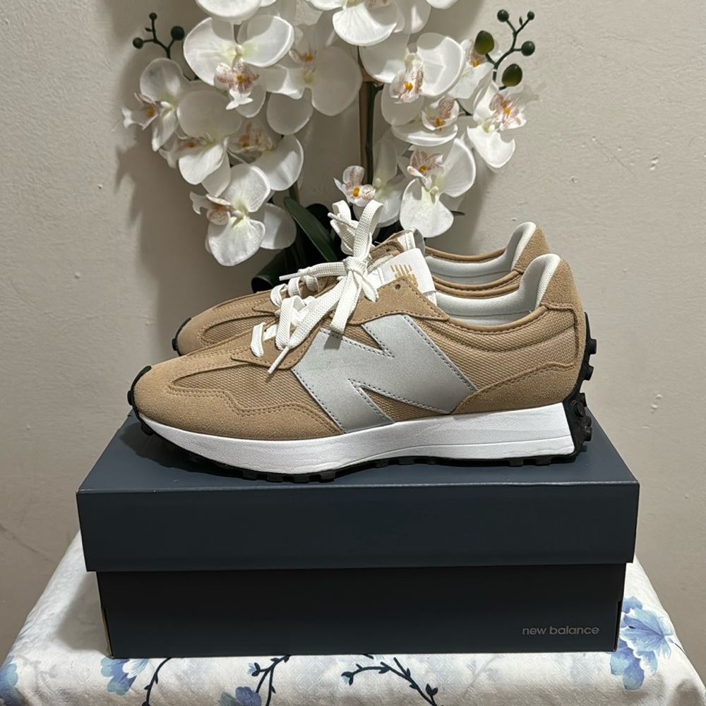 Tan white and silver 327 new balances